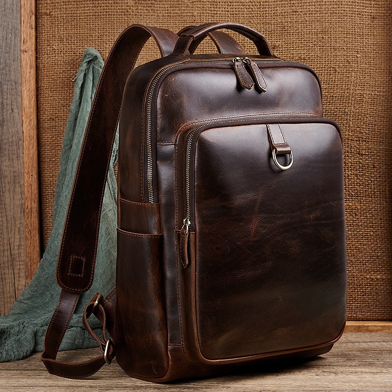 Genuine Leather Backpack - Herren-Laptop-Rucksack aus gewachstem Vollnarbenleder | Business-Computer-Reiserucksack