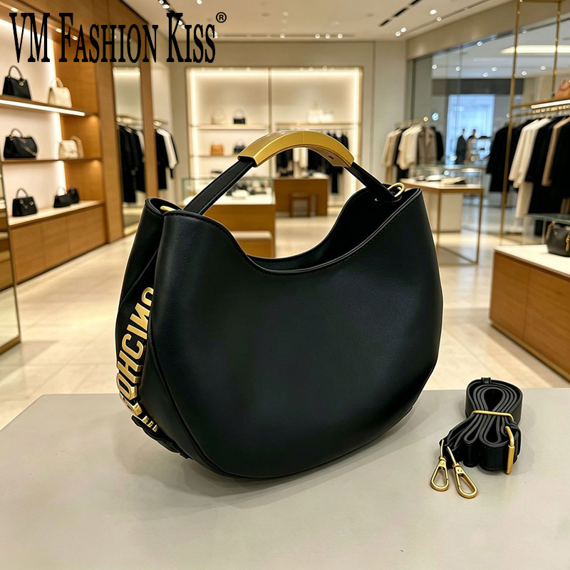 Luxury Bags Sell - Halbkreisförmige Damen-Handtasche mit goldenem Schriftzug, Kordelzug